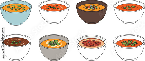 Assorted colorful soup and curry bowls vector collection. Minimalist illustrations of tomato soup, lentil dal, and bean stew with fresh herb garnishes.