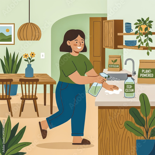  Happy woman cleans her kitchen with non-toxic, biodegradable products. Concept of green living, sustainability, and a healthy home environment.. Vector illustration