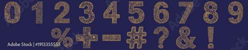 A  set of textured digital numbers, symbols, and punctuation marks designed for innovative tech applications, featuring copper tracks-like of the motherboard board  patterns and a cohesive style