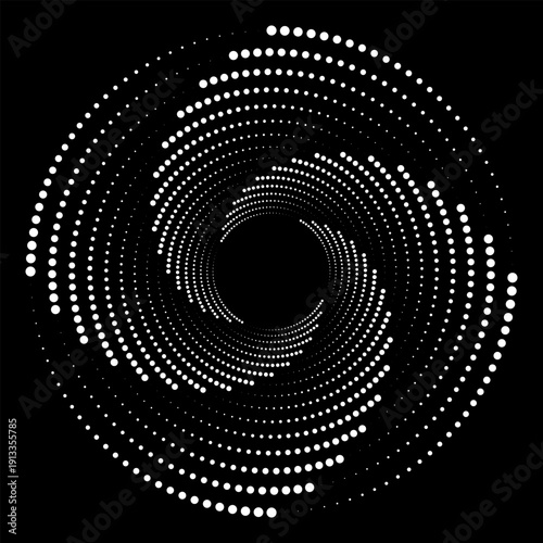 Modern abstract background. Halftone dots in circle form. Spiral logo, icon or design element. Black dots on a white background and white dots on the black side.