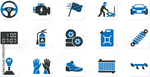 A collection of blue automotive and mechanical icons on a white background, showcasing various vehicle parts and tools from a straightforward viewpoint.