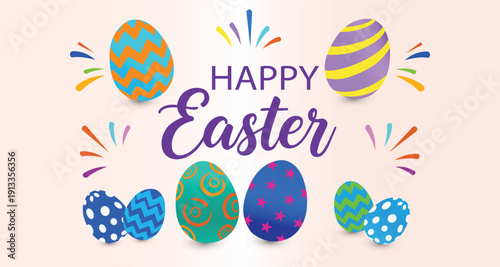Happy easter greeting design with vibrant colorful eggs playful lettering and spring festive elements 