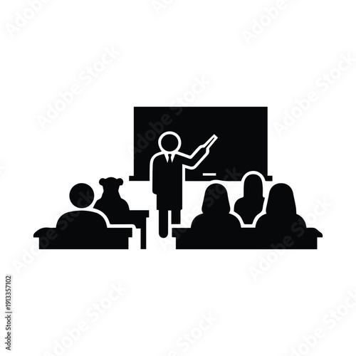 A black silhouette illustration of a teacher lecturing to students