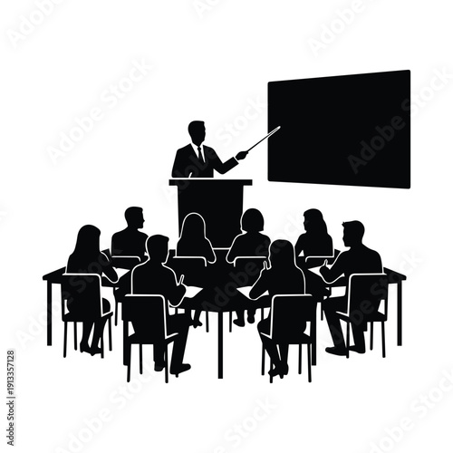A silhouette of a lecturer presenting to a group of students