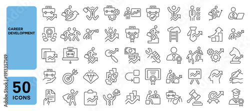 Set of 50 line icons related to career development, work growth, upskills, employee training, business build, headhunting, personal growth, job success, Editable stroke. Vector illustration
