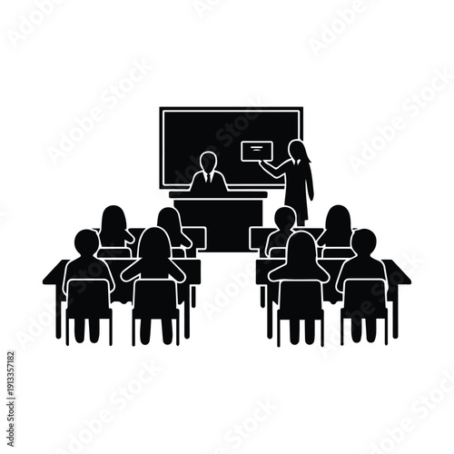 Classroom scene with a teacher lecturing to students at desks