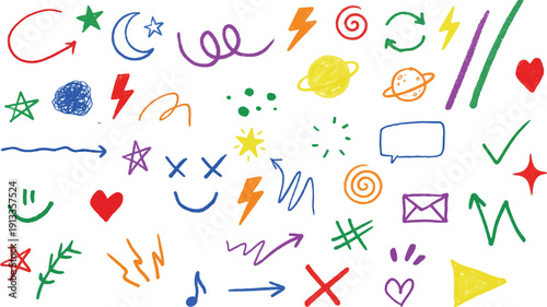 Collection of colorful doodles featuring symbols, shapes, and icons on a clean background, viewed from a straightforward perspective.