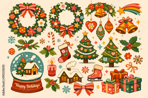 Festive Christmas and New Year Cartoon Elements Set in Retro Groovy Style