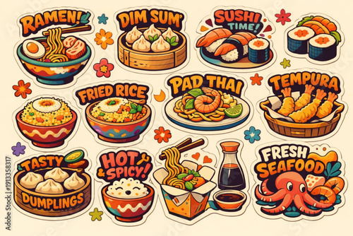 Asian Street Food Cartoon Sticker Set in Retro Groovy Style