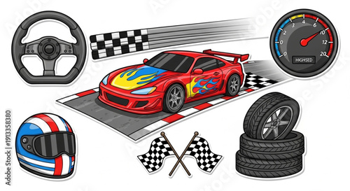 Racing Sticker Icons Set with Cars, Flags and Speed Elements Cartoon Style