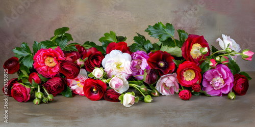 Assorted bouquet of vibrant roses, peonies, and anemones arranged elegantly on a textured surface, showcasing a variety of colors and floral types for decorative purposes