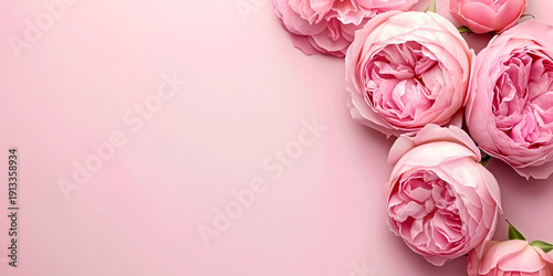 Pink peony roses arranged on a soft pink background, showcasing delicate petals and lush greenery, ideal for floral design or decoration purposes