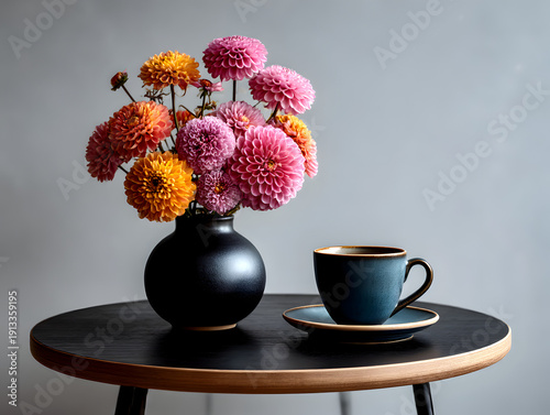 Vibrant bouquet of mixed dahlias in a black vase beside a blue coffee cup on a wooden table against a soft gray background