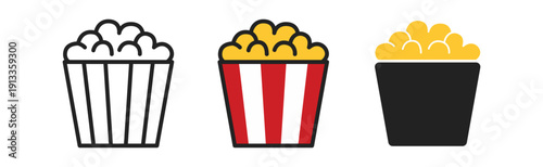 Three distinct popcorn bucket designs featuring classic and modern styles in a playful arrangement.