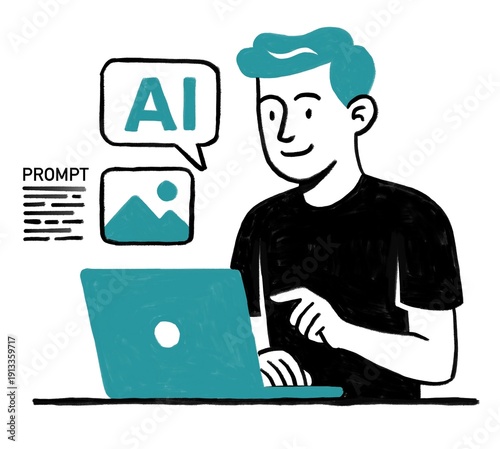  Hombre joven Trabajador de IA. Utiliza un prompt para generar imagenes y contenido para Redes Sociales
