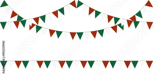 Garlands of flags in the national colors of Mexico. Vector illustration. Seamless border isolated on a white background. Can be used to celebrate Mexican holidays.