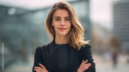 Confident woman in business attire smiles