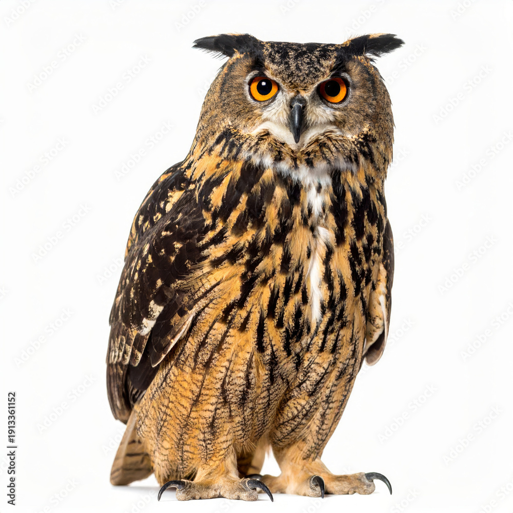 Obraz premium Owl Sitting on White Background, Wild Nocturnal Bird Close Up No Shadow