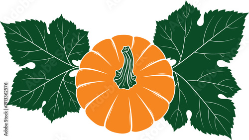 Vibrant orange pumpkin with green leaves illustration