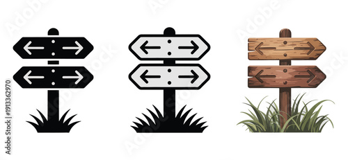 Collection of diverse signpost icons illustrating various directional choices, including wood, silhouette, and outline styles for mapping concepts.
