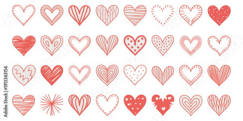 Collection of various hand-drawn coral red hearts featuring diverse doodle styles, patterns, and outlines on a light background