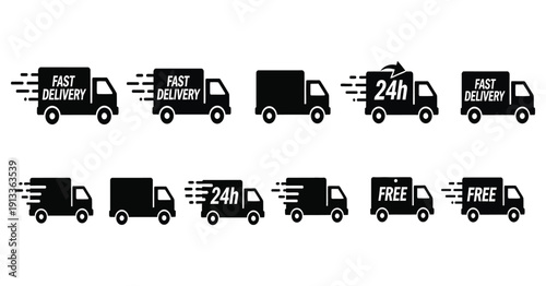 Collection of black and white delivery truck icons illustrating fast, twenty-four-hour, and complimentary shipping services clearly
