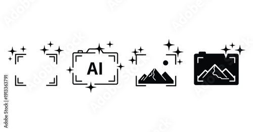 Collection of sleek black and white icons representing advanced artificial intelligence camera focus and image processing technology features