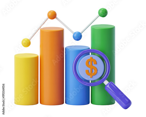 3D Financial Growth Chart with Magnifying Glass and Dollar Icon