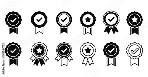 Collection of twelve black and white award ribbon icons featuring checkmarks and stars symbolizing verified quality and achievement