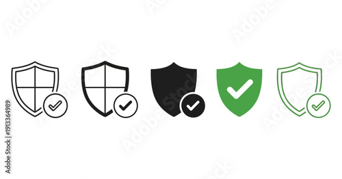 Collection of verified shield icons illustrating different styles of security, protection, and successful validation symbols in digital design.