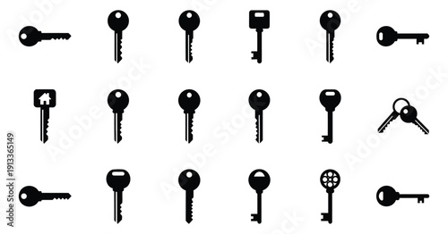 Collection of various black silhouette icons representing different styles of physical keys for security, access, and unlocking mechanisms
