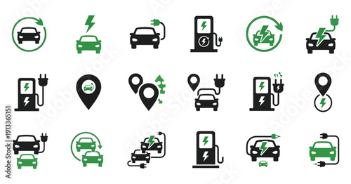 Comprehensive collection of electric vehicle charging station icons illustrating energy transfer and location finding for sustainable transport.