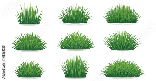 Collection of nine detailed vector illustrations showcasing various lush green grass tufts and clumps ideal for landscape design projects.