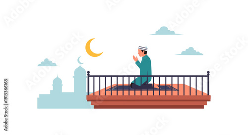 Man Praying on Rooftop at Night with Crescent Moon, Serene Islamic Scene