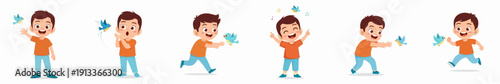 Cheerful Cartoon Boy Playing with a Pinwheel in Various Poses Illustration