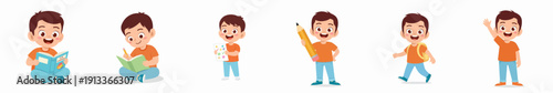 Cheerful Cartoon Character Set, School Kid in Various Poses and Actions