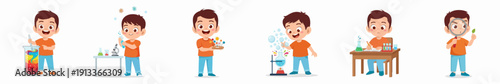 Cartoon Cheerful Boy with Chemistry Experiment Set Illustration in Various Poses