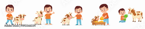 Cartoon Illustration of Adorable Boy Interacting with a Cute Farm Cow