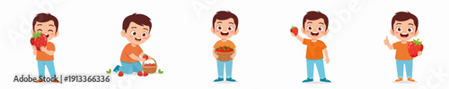 Cartoon Style Little Boy Character with Various Poses and Strawberry Illustration