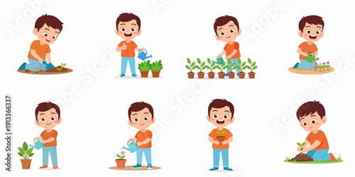 Cartoon Style Collection of Little Boy Gardening and Planting Illustration Set