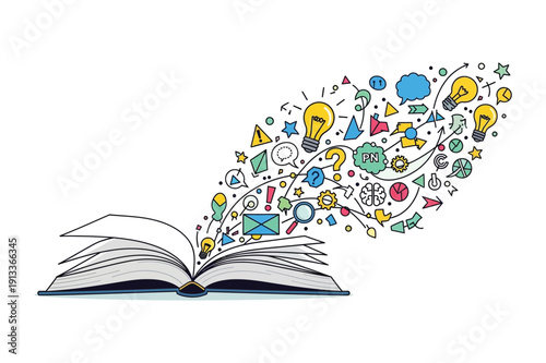 Abstract illustration of an open book with blue accents on white