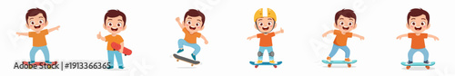 Cartoon Set of Active Little Boy Playing Skateboard Illustration