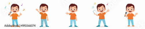 Cheerful Cartoon Style Young Boy Character with Various Poses Illustration Set