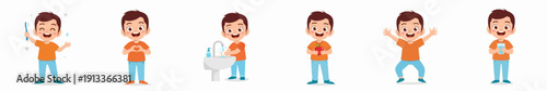 Cartoon Style Illustration of Boy Doing Hygiene Activities Sequence