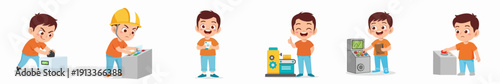 Cartoon Style Boy Character Different Job and Work Task Illustration