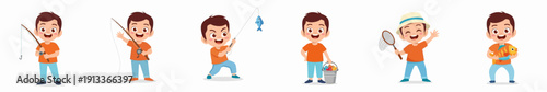 Cute Cartoon Little Boy with Fishing Rod and Other Fishing Equipment Character Set
