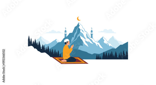 Man Praying on Mountain Top at Night with Crescent Moon