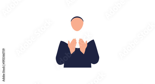 Man Praying with Hands Together in Dark Blue Shirt, Simple Illustration Style