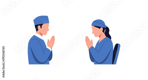 Man and woman praying together in blue attire, serene illustration