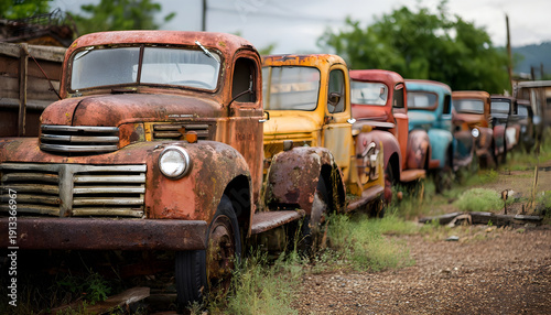 Wallpaper Mural A line of old antique abandoned used rusty trucks outside Torontodigital.ca